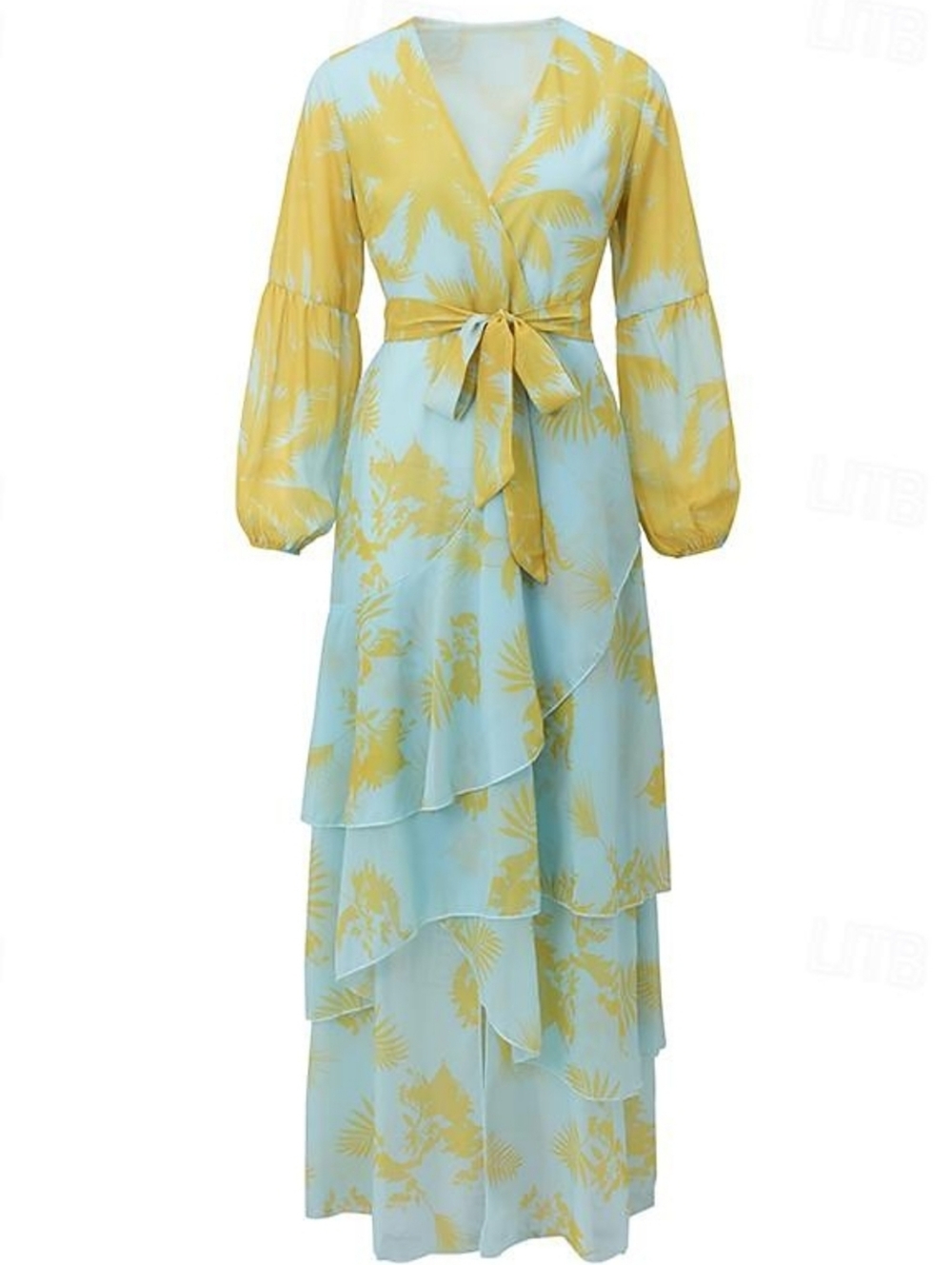 Yellow & Light Blue Floral Tie-Waist Ruffle Maxi Dress